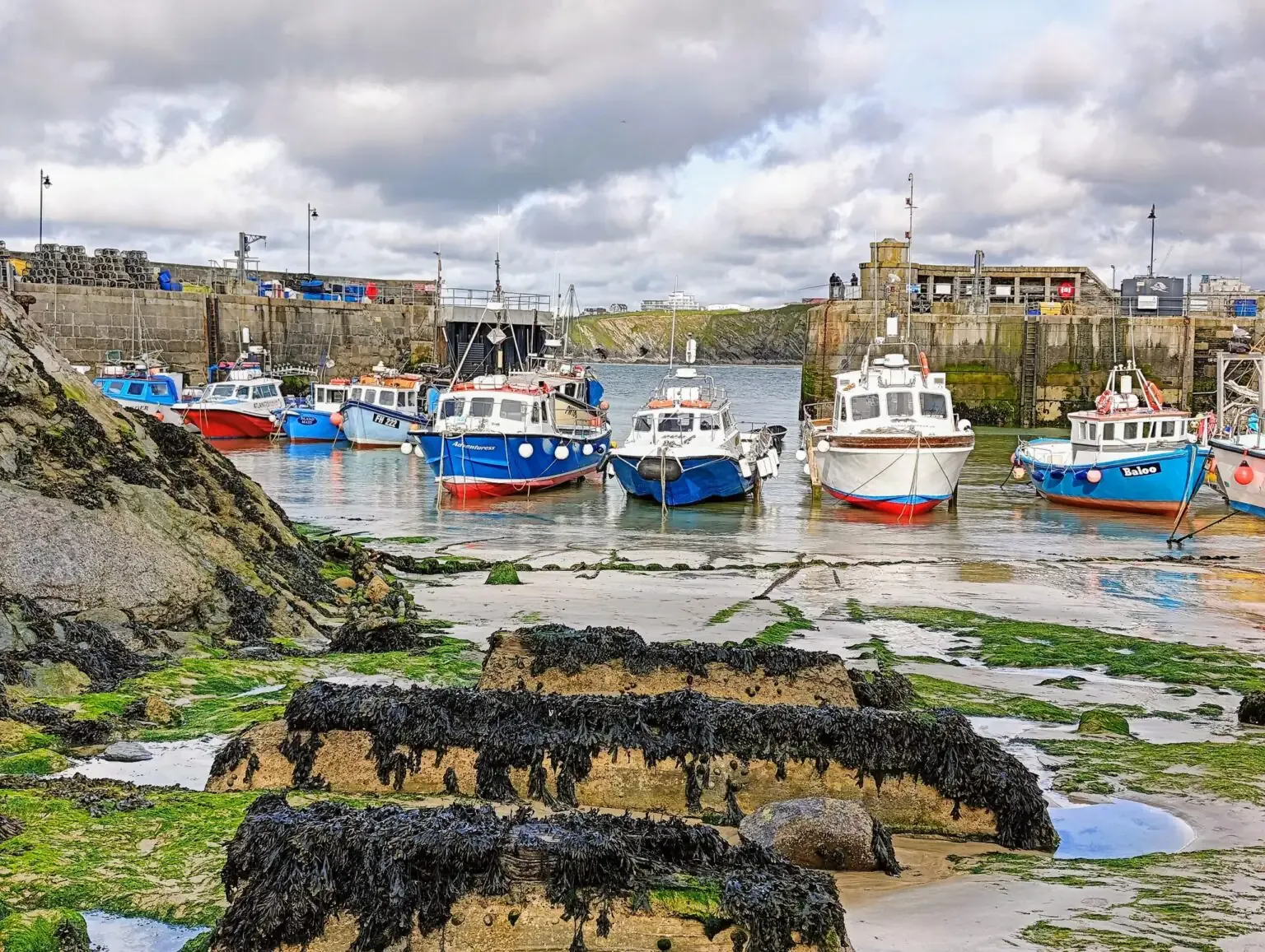Fishing boats in Newquay harbour at low tide, early morning