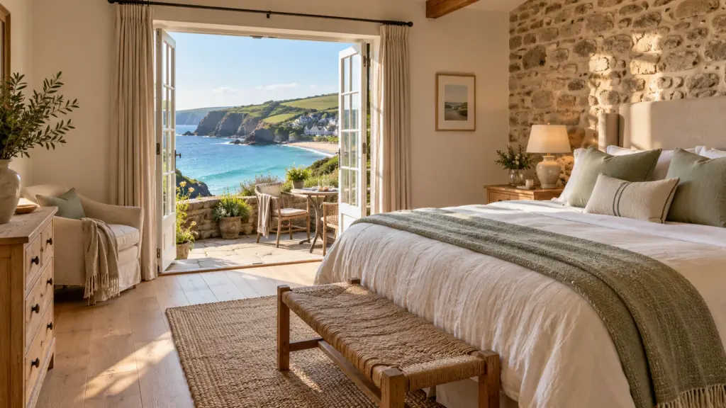 A bright coastal cottage bedroom looking out over a Cornish bay